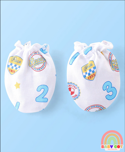 100% Cotton Knit Cap Mittens & Booties Set with Number Print - White