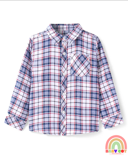 Cotton Woven Full Sleeves Checkered Shirt with Text Print T-Shirt - Blue White & Red