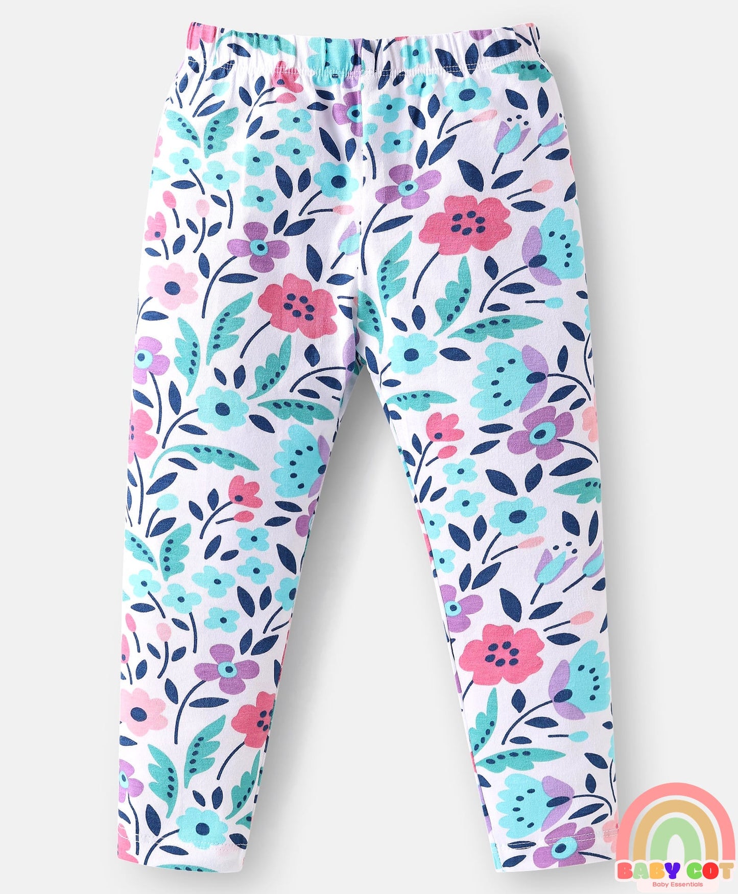 Single Jersey Knit Full Peasant Sleeves Top & Leggings with Floral Print - Navy Blue & White