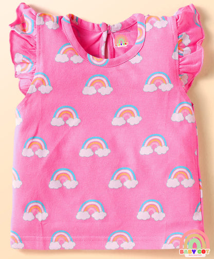 Cotton Knit Frill Sleeves T-Shirts With Polka Dot & Tropical Print Pack 3 - Pink & Light Blue
