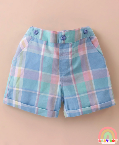 100% Cotton Knit Half Sleeves Printed Polo T-Shirt & Woven Cotton Checkered Shorts With Bow & Suspender - White & Blue