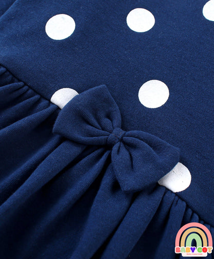 100 % Cotton Knit Full Sleeves Frock Style Onesie With Hairband Polka Dot Print-Navy Blue