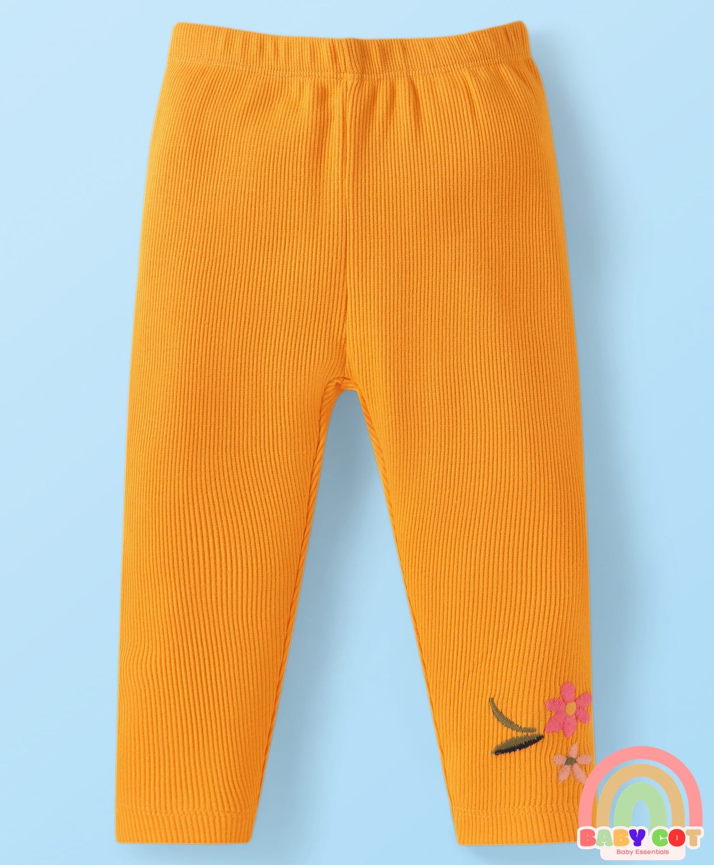 Single Jersey Knit Full Sleeves Top & Leggings with Floral Embroidery - White & Yellow