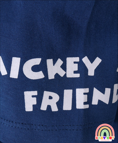 Cotton Knit Half Sleeves T-Shirt with Mickey Mouse and Family Print - Blue