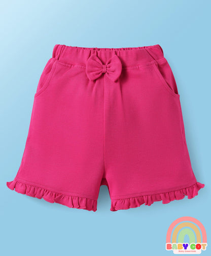Interlock Knit Half Frill Sleeves T-Shirt & Shorts Set with Bunny Print & Bow Applique - Pink & White