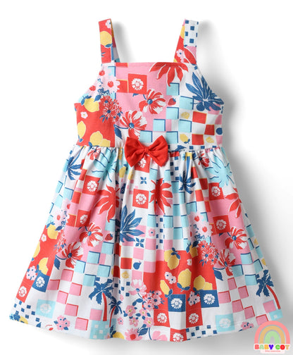 Cotton Knit Full Sleeves Shrug & Frock with Floral Print & Bow Applique - Blue & Pink