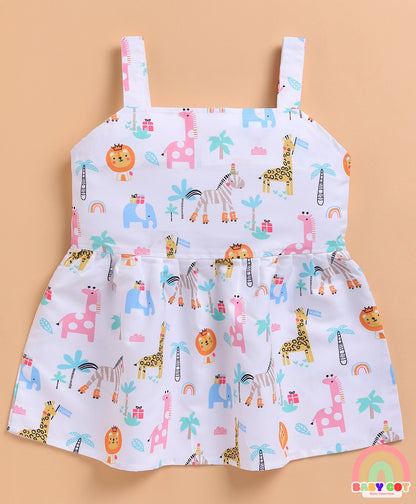 Cotton Knit Pack Of 3 Sleeveless Floral & Baby Animals Printed Dresses - Multi Colour