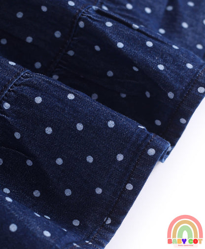 Denim Skirt with Polka Dots & Bow Applique - Navy Blue