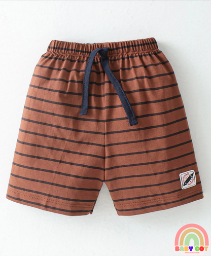 100% Cotton Half Sleeves T-Shirt and Striped Shorts Set Teddy Print - Navy Blue