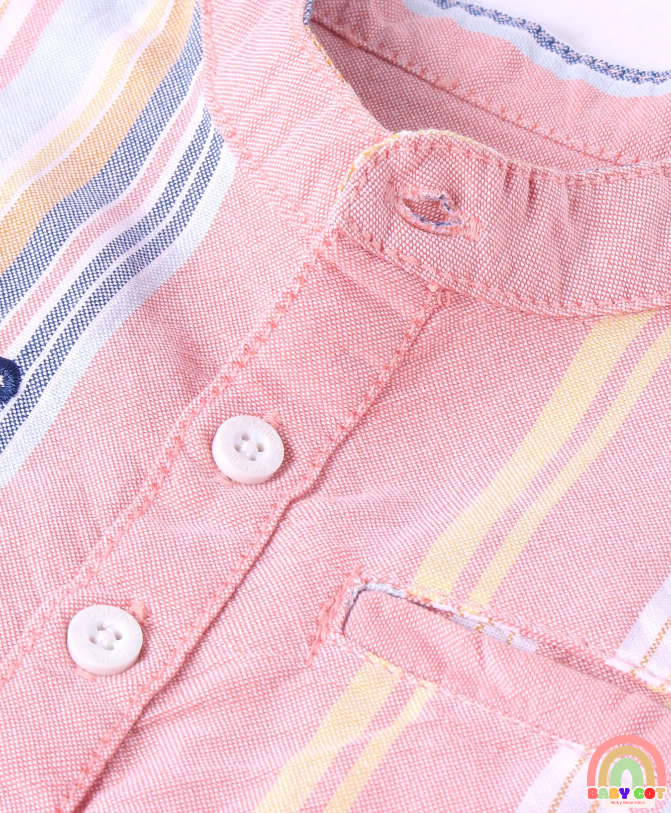 Cotton Woven Full Sleeves Mandarin Collar Stripe Kurta Shirt- Pink