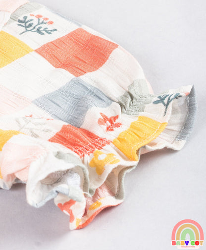 Cotton Woven Half Peasant Sleeves Floral Printed Checked Lace Detailed Top - Multi Colour