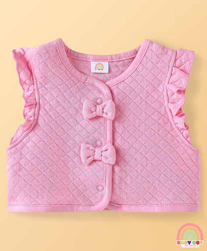 100% Cotton Knit Full Sleeves Animal Printed Top & Leggings Set with Jacket & Bow Applique - Dark Pink & White