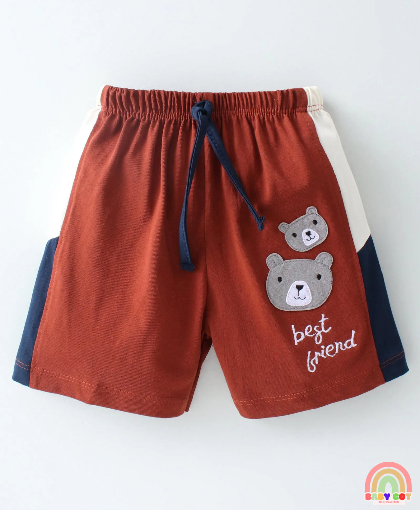 100% Cotton Half Sleeves Striped T-Shirt and Shorts Set Teddy Patch - Navy Blue