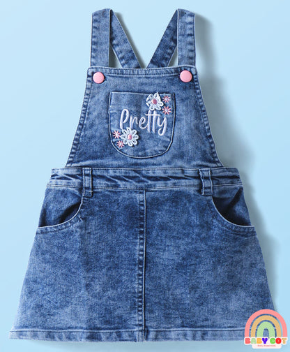 Woven Denim Frock & Full Sleeves Inner Tee With Floral Print - Navy Blue & Pink