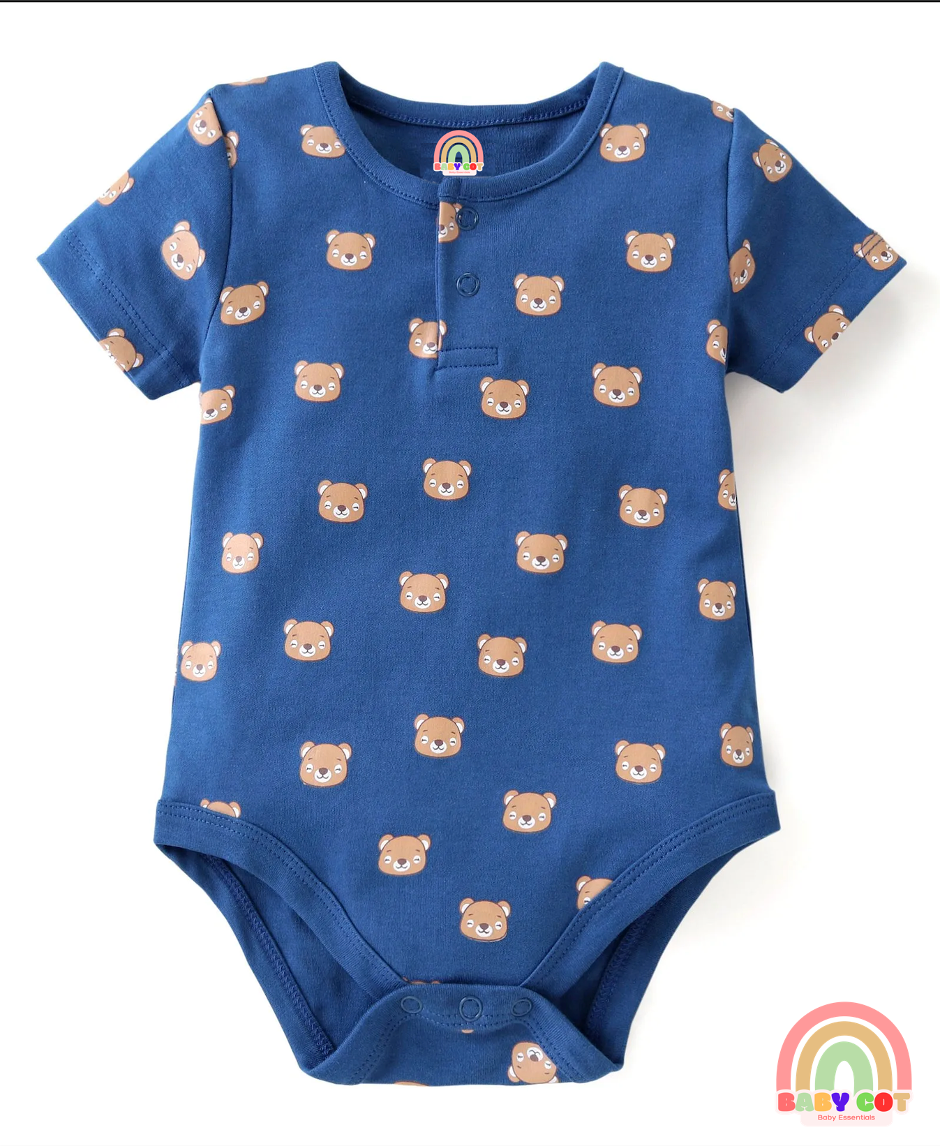 100% Cotton Knit Half Sleeves Onesies Stripes & Bear Print Pack Of 5 - Blue Yellow & White
