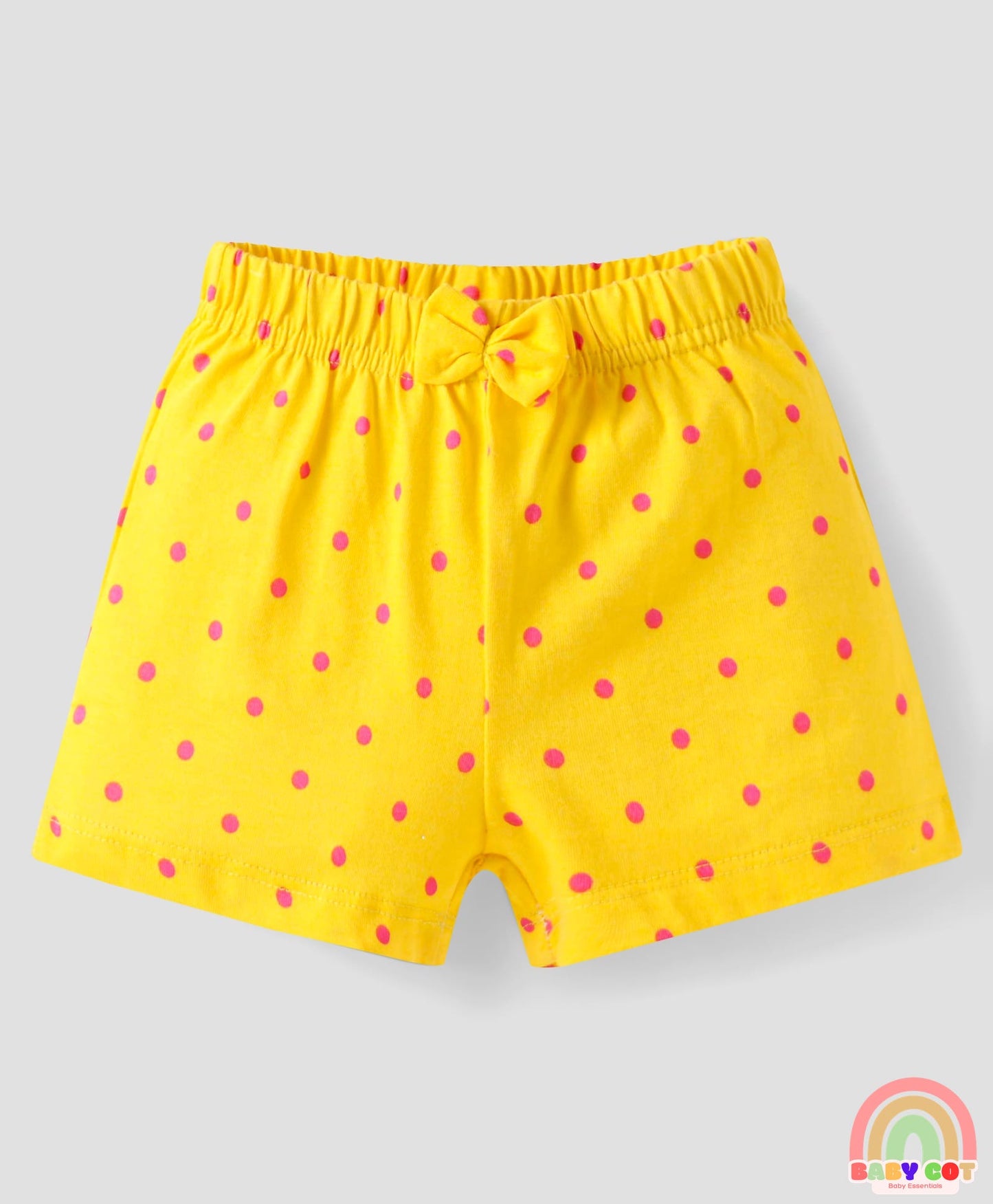 Single Jersey Knit Mid Thigh Bow Applique Shorts with Polka Dots & Hearts Print Pack of 3 - Pink Yellow & Purple