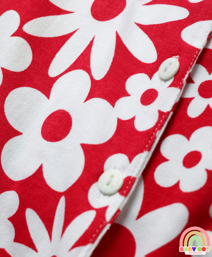 Cotton Knit Frill Sleeves Knotted Top with Floral Print - Red