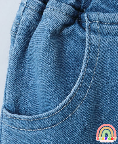 Full Length Washed Bootcut Denim Jeans with Bow Applique - Blue