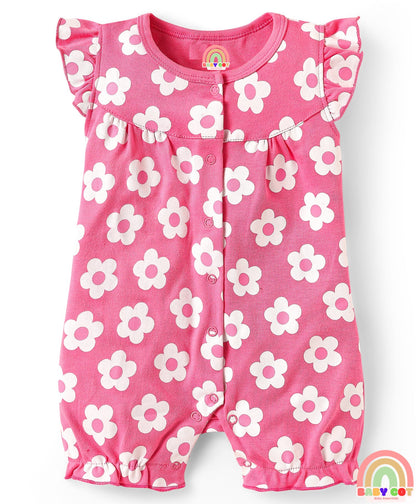 Interlock Knit Frill Sleeves Romper With Floral & Tropical Print Pack of 2 - Pink & Yellow