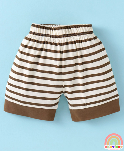 Sinker Knit Half Raglan Sleeves T-Shirt & Shorts Set with Stripes - Brown & White