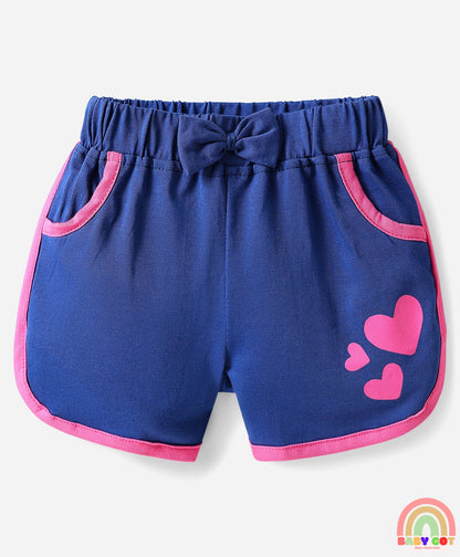 100% Cotton Knit Half Sleeve Heart Printed T-Shirt & Shorts Set - Navy Blue & Yellow