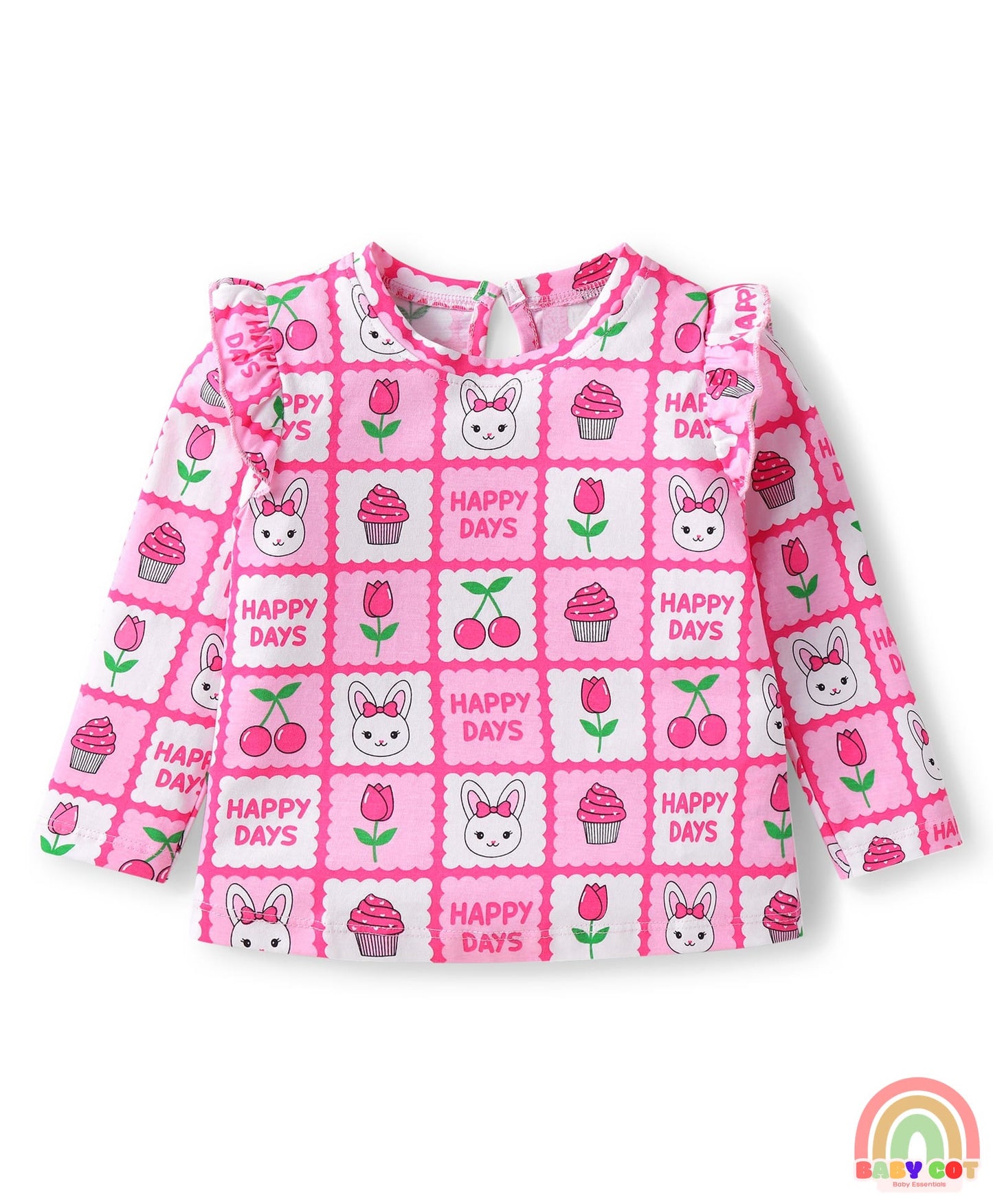 Cotton Knit Full Sleeves Hearts & Text Graphics T-Shirts with Frill Detailing Pack of 3 - Dark Pink