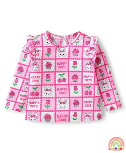 Cotton Knit Full Sleeves Hearts & Text Graphics T-Shirts with Frill Detailing Pack of 3 - Dark Pink