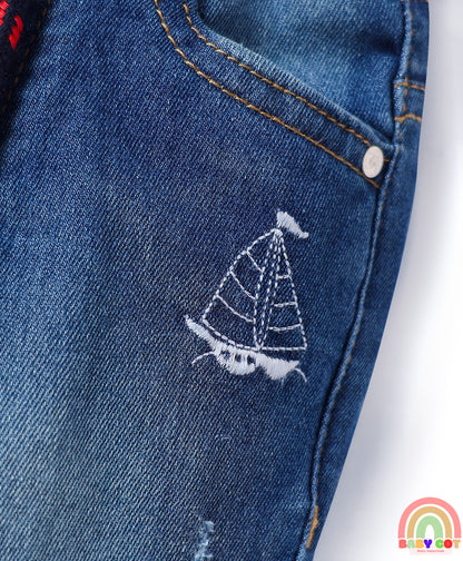 Cotton Denim Full Length Washed Jeans With Stretch & Logo Text Print - Blue