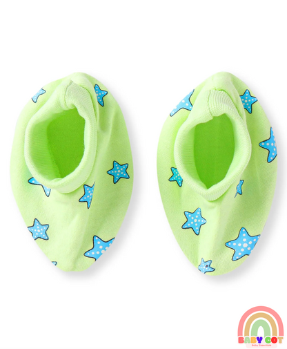 100% Cotton Knit Cap Mittens & Booties With Star Print - Light Green