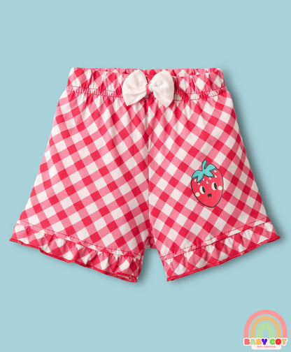 Knee Length Shorts With Checks Strawberry Print & Bow Applique Pack Of 3 - Pink White & Peach