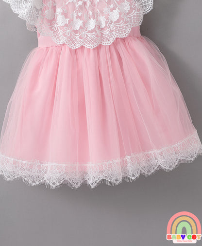 Sleeveless Mesh Frock with Floral Corsage - Pink