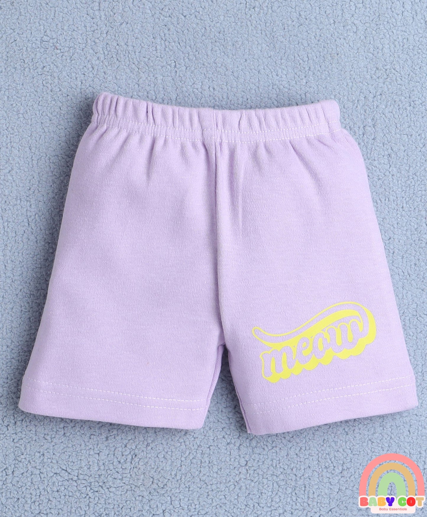 Cotton Knit Half Sleeves Cute Baby Cats Printed Tee & Coordinating Shorts Set - Lavender