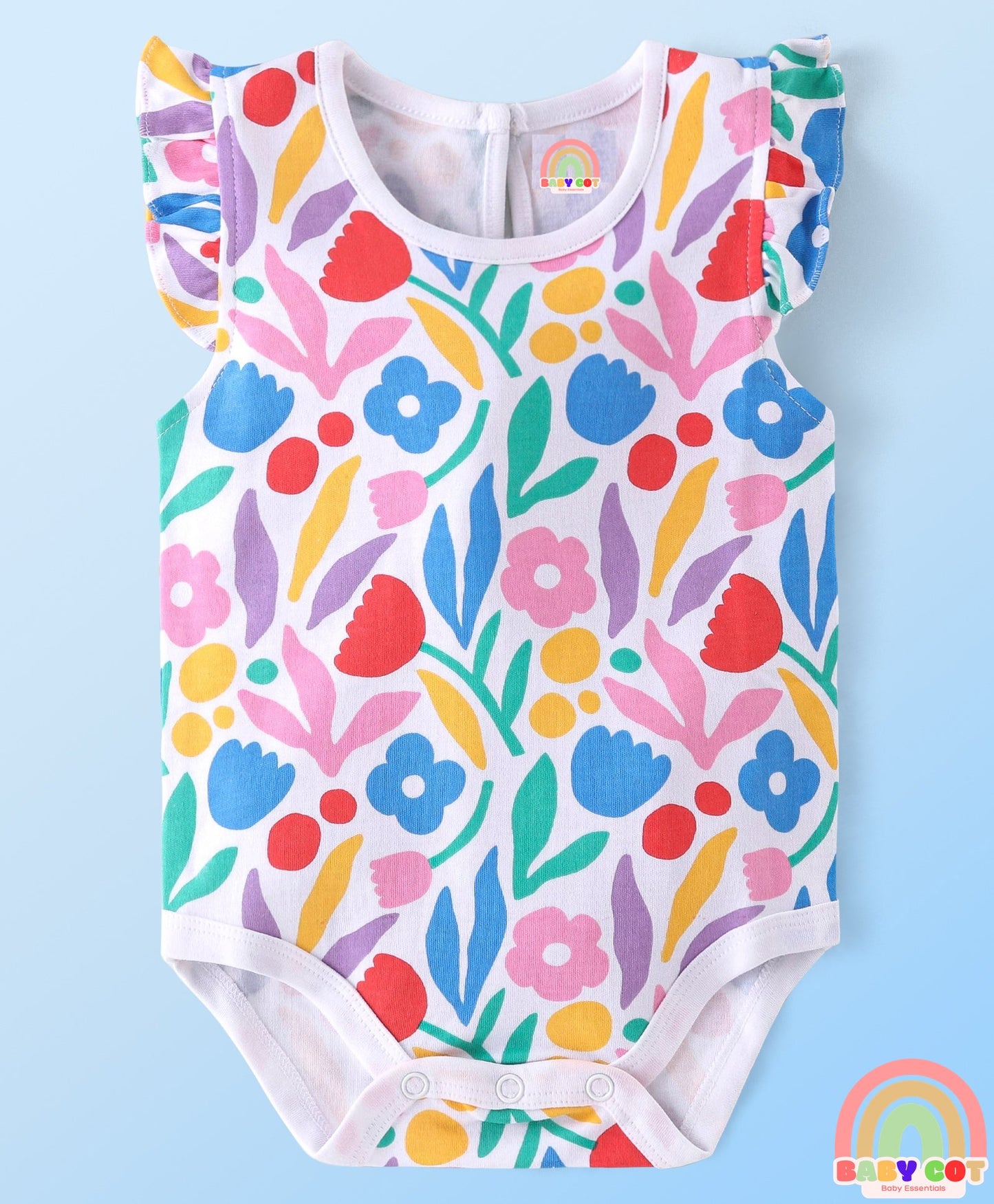 100% Cotton Knit Frill Sleeves Floral & Polka Dots Printed Onesies Pack of 2 - Multicolour