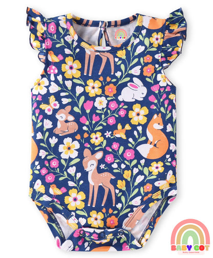 100% Cotton Knit Frill Sleeves Floral & Animal Printed Onesies Pack of 3 - Dark Pink Navy & Orange