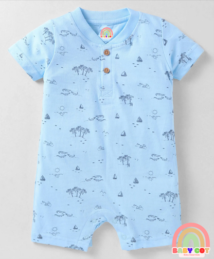 Interlock Knit Half Sleeves Rompers with Nautical & Space Theme Print Pack of 3 - Light Blue & Peach