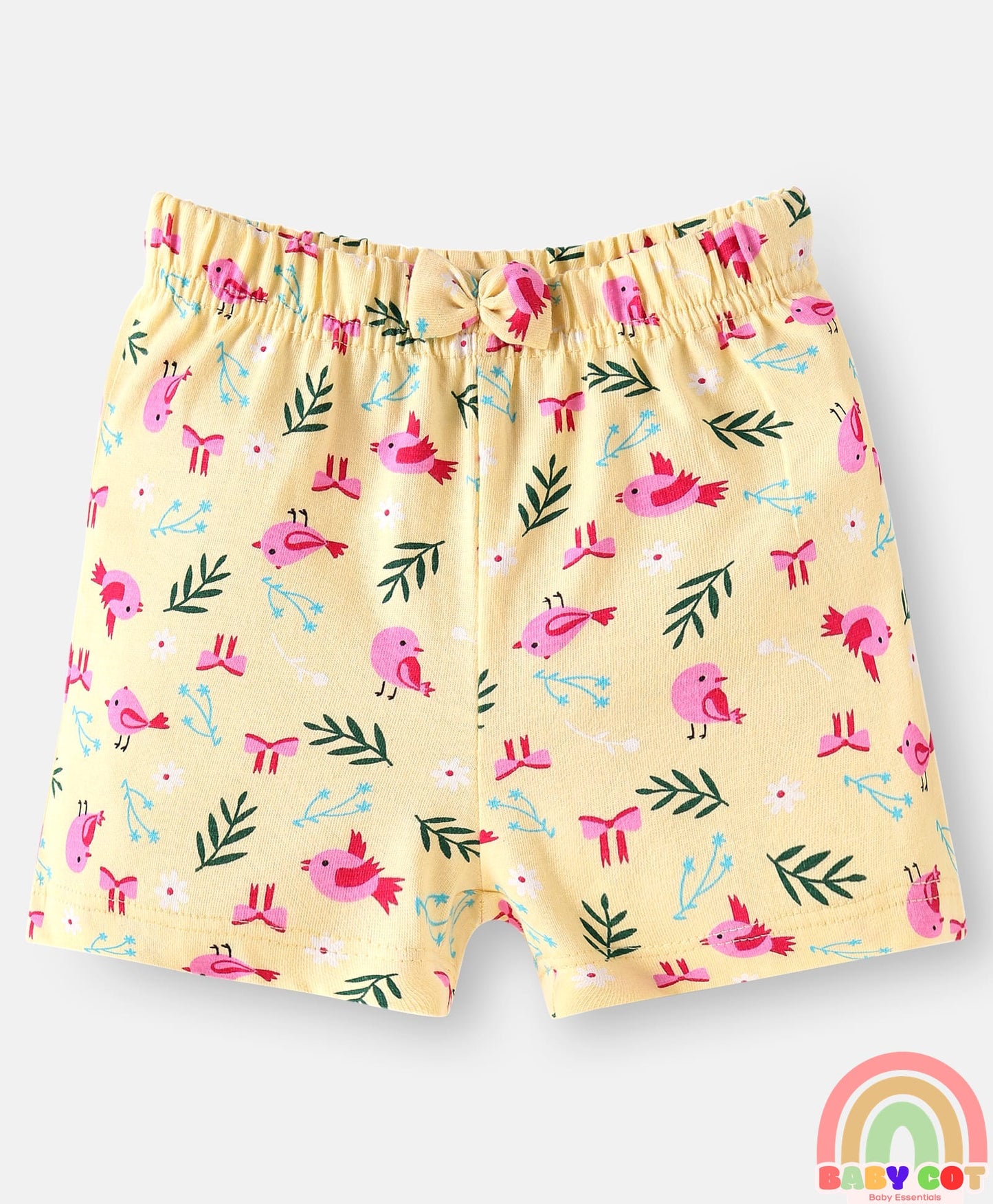 Single Jersey Knit Mid Thigh Shorts with Polka Dots & Bird Print with Bow Applique Pack of 3 - Pink Beige & Dark Pink