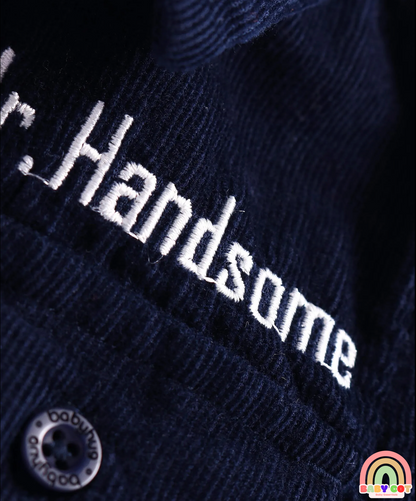 Cotton Woven Full Sleeves Solid Corduroy Shirt with Text Embroidered - Navy Blue
