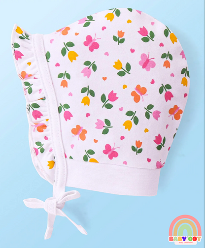 100% Cotton Interlock Knit Caps With Hearts & Floral Print Pack of 2 - Pink & White