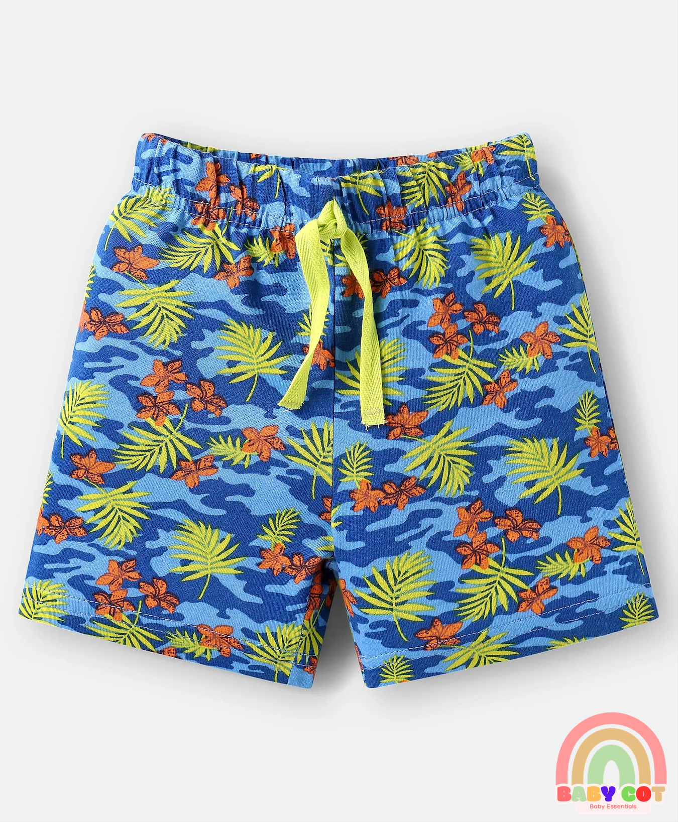 Cotton Knit Mid Thigh Length Shorts with Tropical Theme Print & Stripes Pack of 3 - Red Blue & Light Green