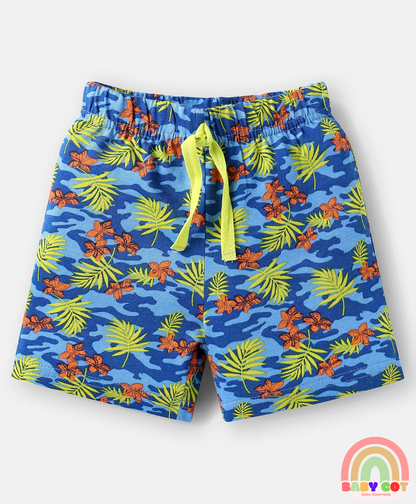 Cotton Knit Mid Thigh Length Shorts with Tropical Theme Print & Stripes Pack of 3 - Red Blue & Light Green