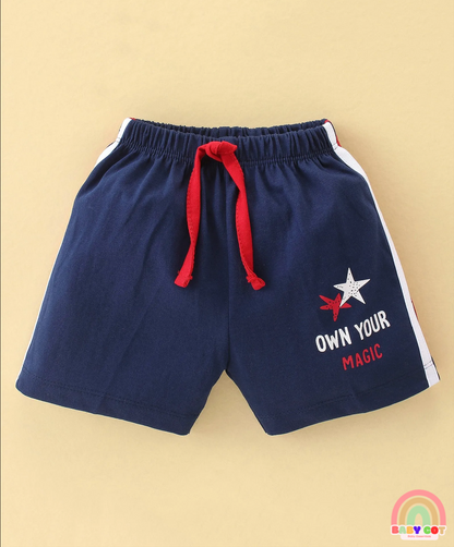 100% Cotton Knit Half Sleeves T-Shirt & Shorts With Star Print - White & Navy Blue