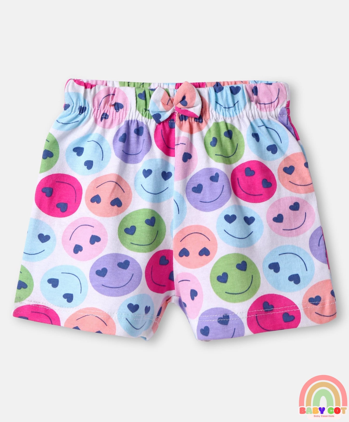 Cotton Knit Mid Thigh Length Shorts with Floral & Smiley Print & Bow Applique Pack of 3 - White Green & Lavender