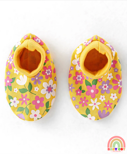 Interlock 100% Cotton Knit Cap Mittens & Booties Set Floral Print - Yellow