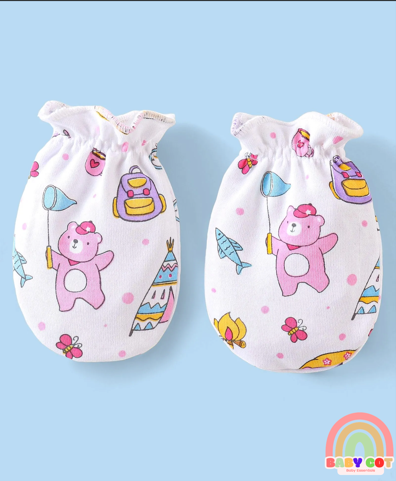 100% Cotton Cap Mittens & Booties with Beach Theme -Multicolour