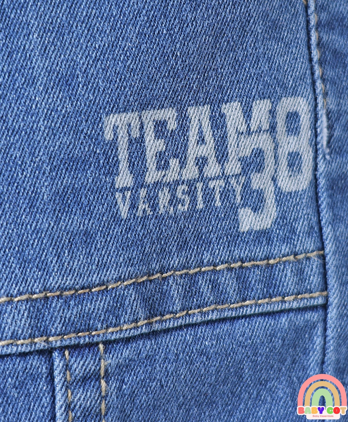 Cotton Full Length Stretchable Denim Jeans with Team Varsity 38 Print - Blue