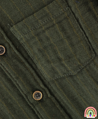 Cotton Woven Full Sleeves Mandarin Collar Solid Colour Shirt - Olive Green