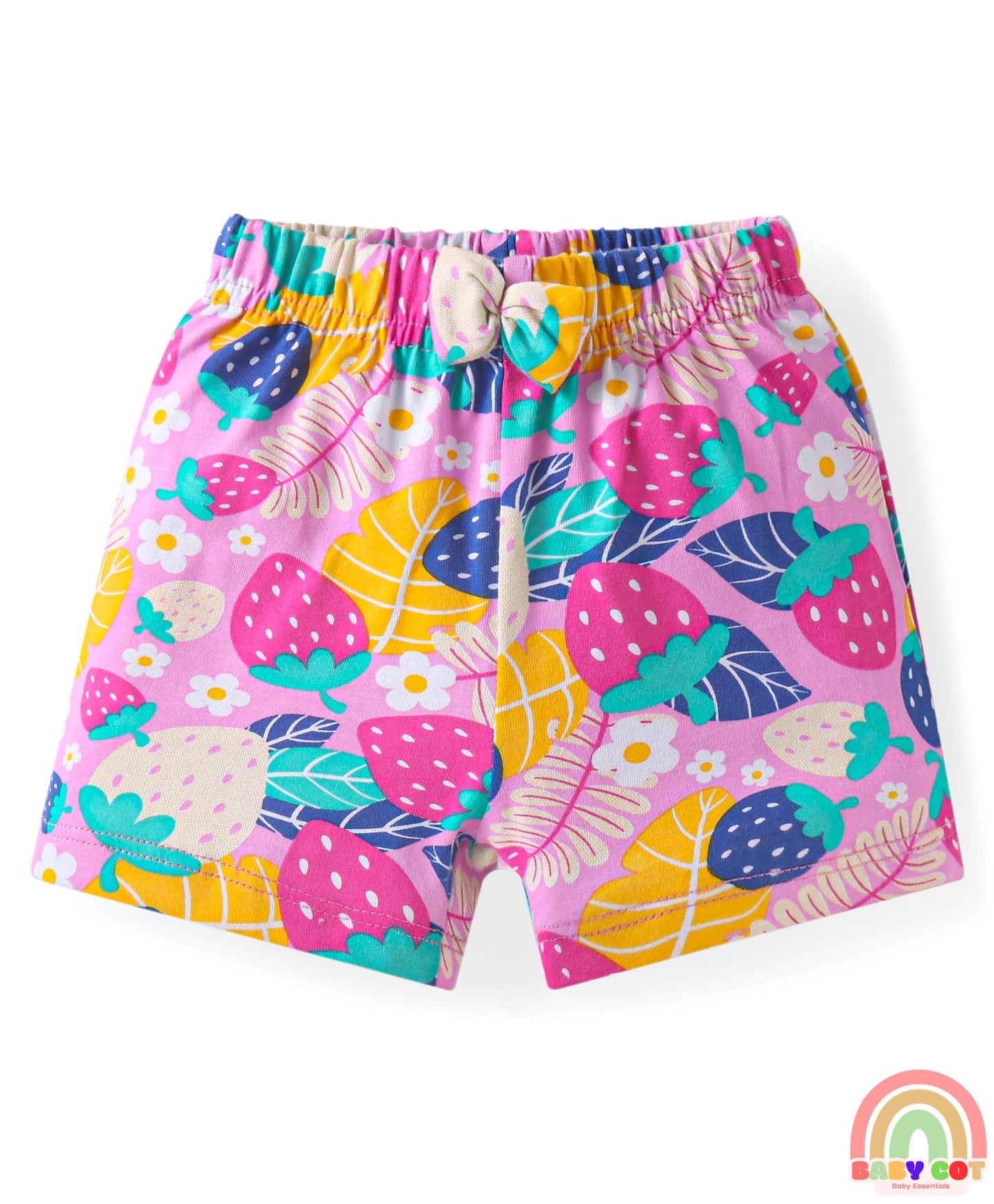 Cotton Knit Mid Thigh Strawberry & Floral Printed Shorts with Bow Applique Pack of 3 - Pink & Yellow