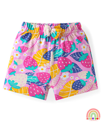 Cotton Knit Mid Thigh Strawberry & Floral Printed Shorts with Bow Applique Pack of 3 - Pink & Yellow