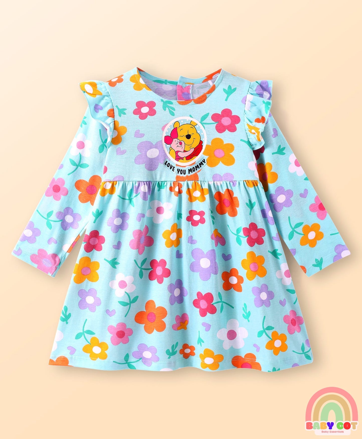 Single Jersey Knit Full Sleeves Frock With Winnie The Pooh Graphics & Frill Detailing Pack of 2 - Dark Pink & Light Blue
