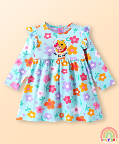 Single Jersey Knit Full Sleeves Frock With Winnie The Pooh Graphics & Frill Detailing Pack of 2 - Dark Pink & Light Blue
